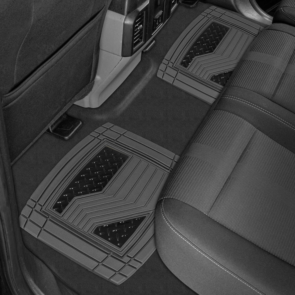 CAT 4-Piece Two-Tone Metallic-Look Front Floor Mats and Rear Floor Mats - Heavy Duty, All Weather, Trim to Fit