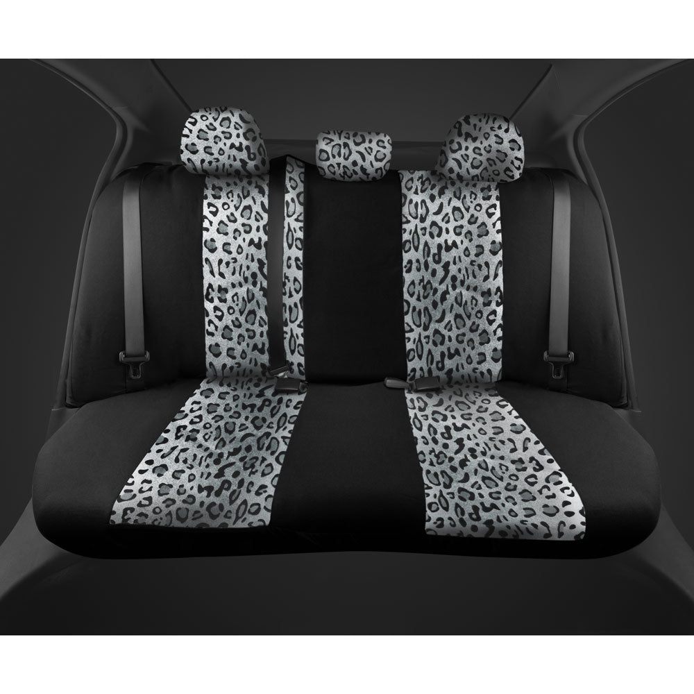 BDK 12-Piece Silver Leopard Front Seat Covers, Rear Seat Covers, Seat Belt Pads, and Steering Wheel Cover (Fits 14.5" - 15.5")