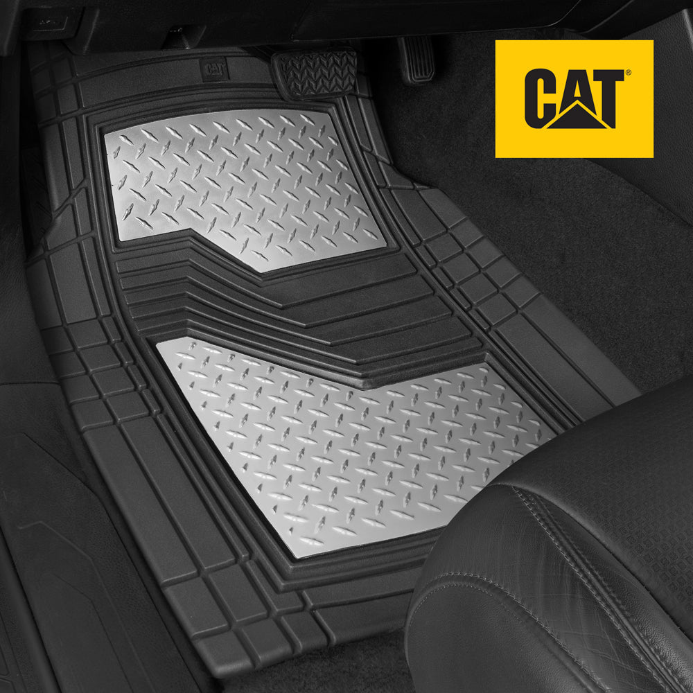 CAT 4-Piece Two-Tone Metallic-Look Front Floor Mats and Rear Floor Mats - Heavy Duty, All Weather, Trim to Fit