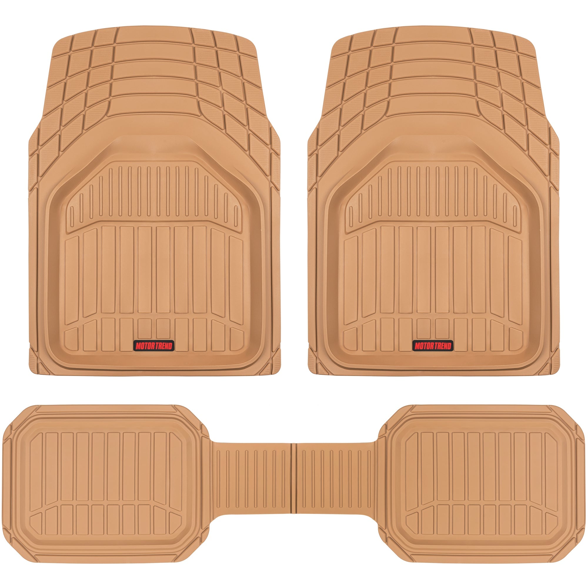 MotorTrend 3-Piece FlexTough Defender Front Floor Mats and Rear Floor Mat - Heavy Duty, All Weather, Trim to Fit - Beige