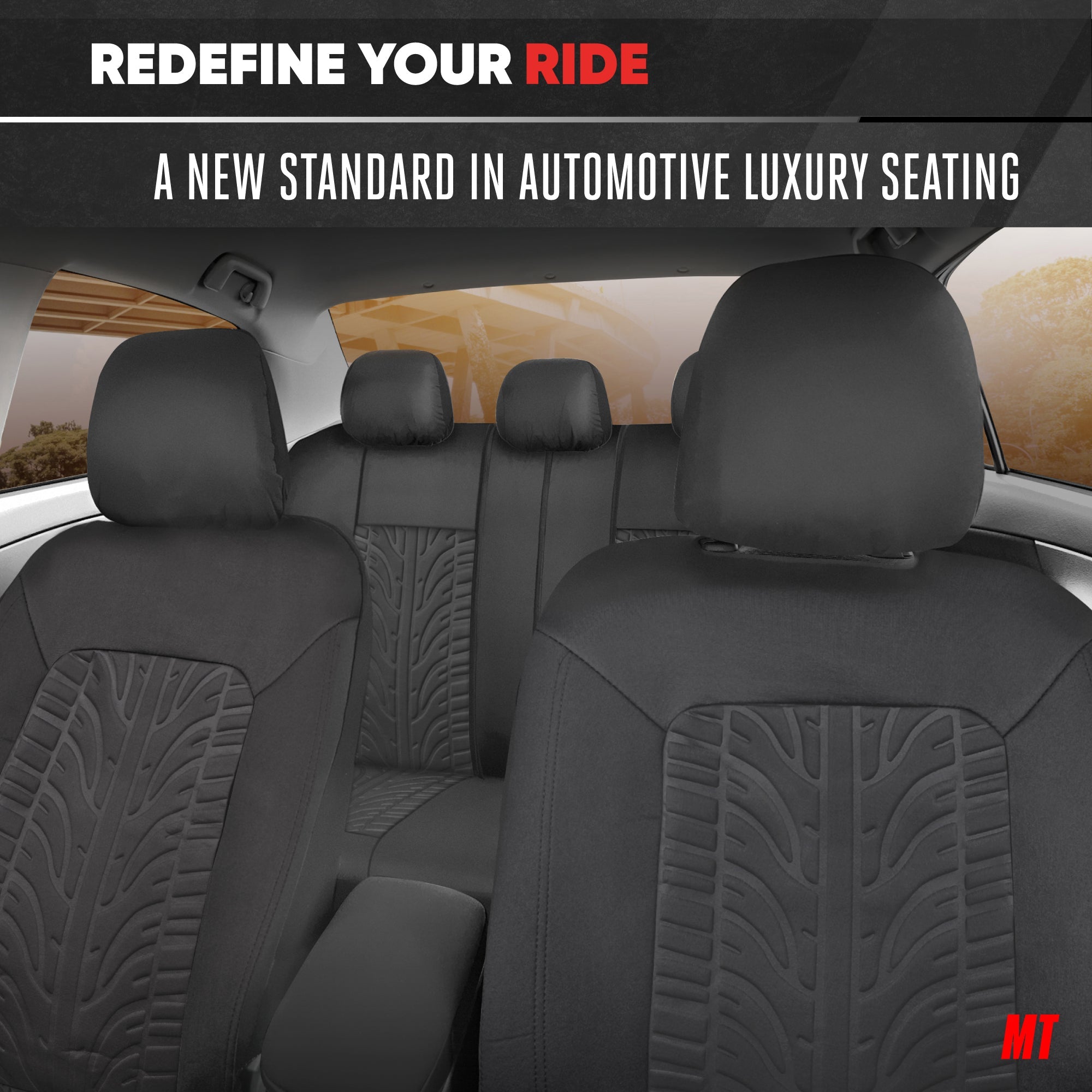 MotorTrend GrandPrix Tire Embossed Front Seat Covers and Rear Seat Covers - Black