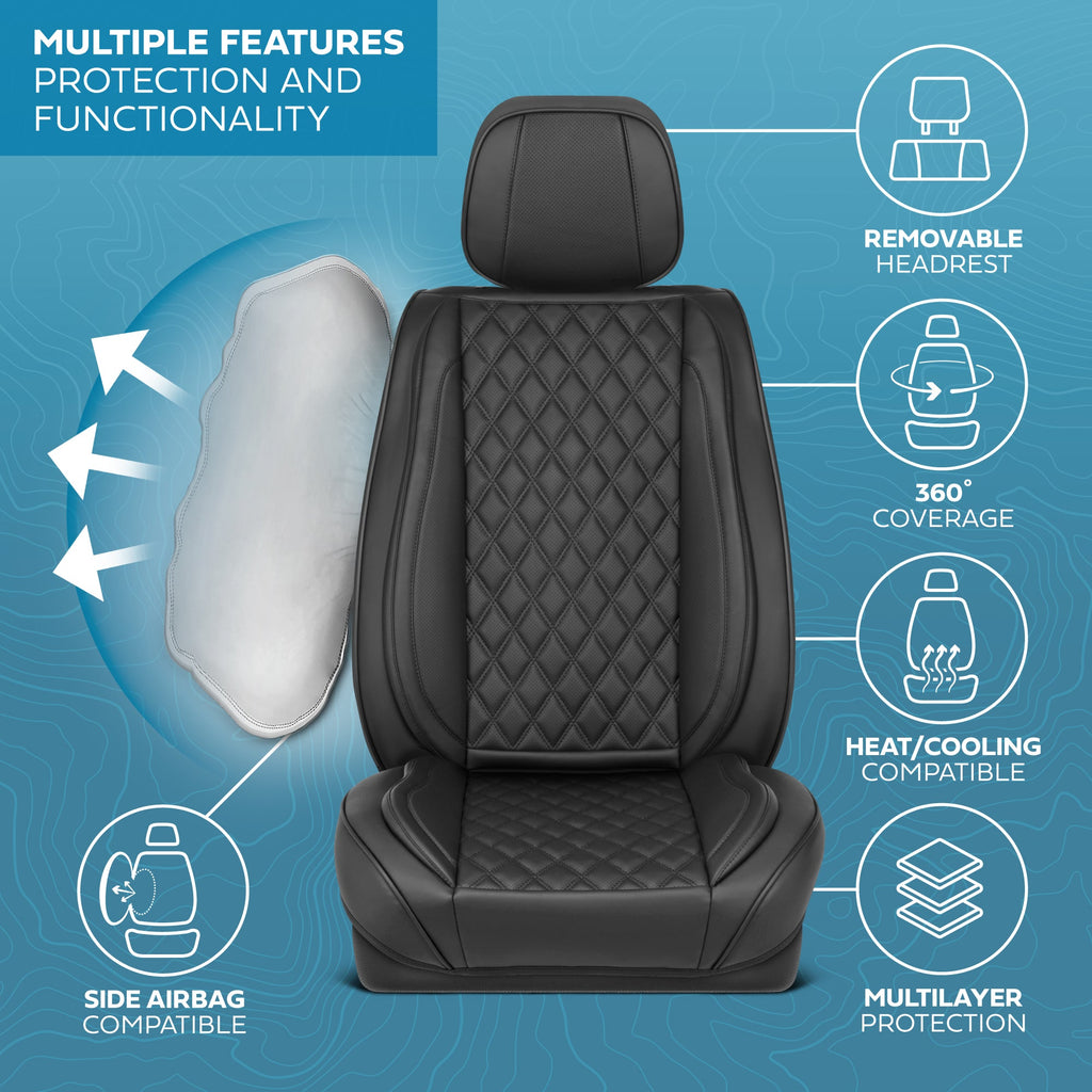 MotorBox Elite Edition Faux Leather Seat Covers for Cars, Trucks, & SUV - 2 Black Car Seat Covers for Front Seats - Universal Fit Car Accessories Automotive Interior Cover Protector for Most Vehicles