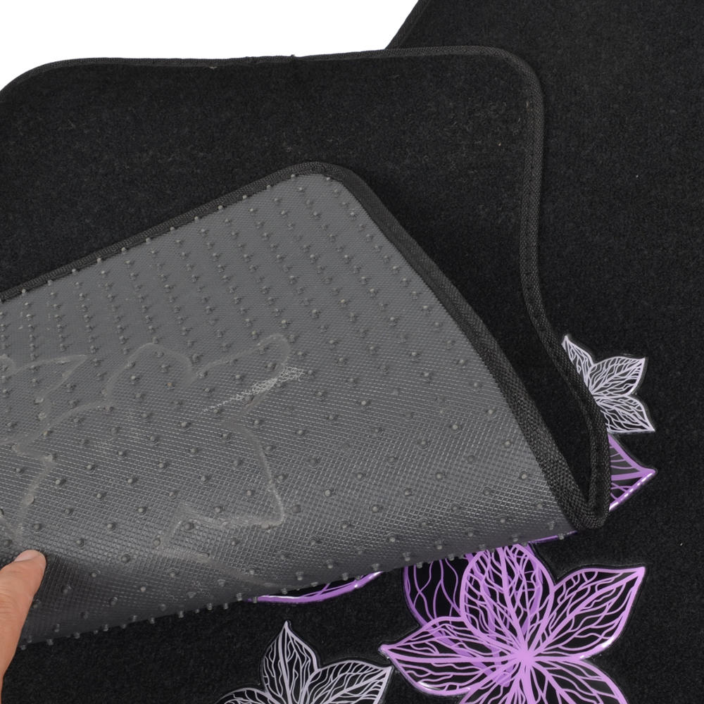 BDK 5-Piece Purple & White Flowers Front Floor Mats, Rear Floor Mats, and Steering Wheel Cover (Fits 14.5" - 15.5")