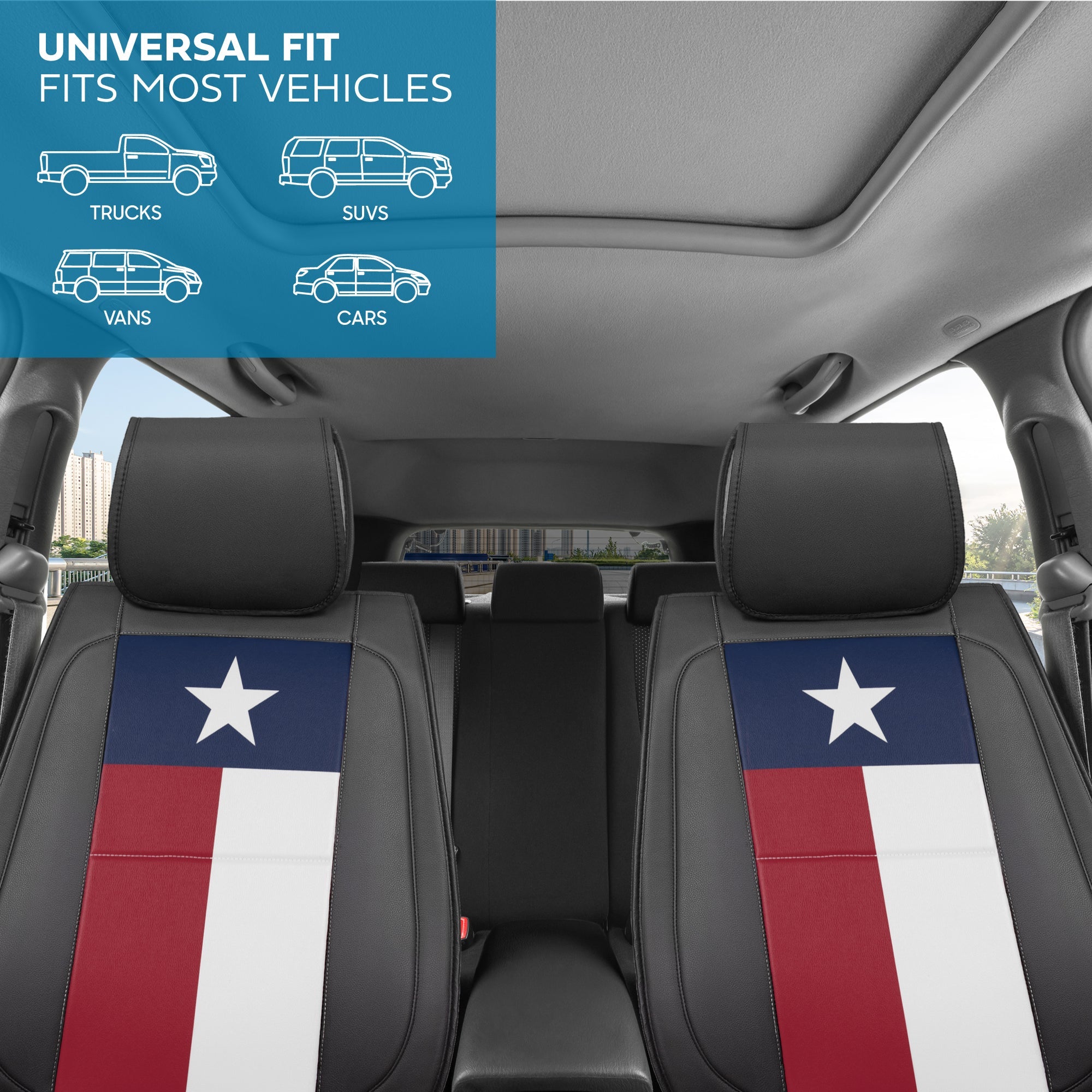 MotorBox Texas Edition Faux Leather Black & Flag Seat Covers for Car - Texas Flag on Cushioned Seat Protectors for Automotive Accessories, Trucks, SUV, Car - Two Front Covers